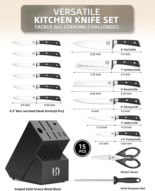 KnifeSaga Knife Set 15 Pcs High Carbon Stainless Steel Kitchen Knife Sets with Block & Sharpener, Premium Razor-Sharp Black Knives Block Set for Kitchen, Ergonomic Full-Tang Handle