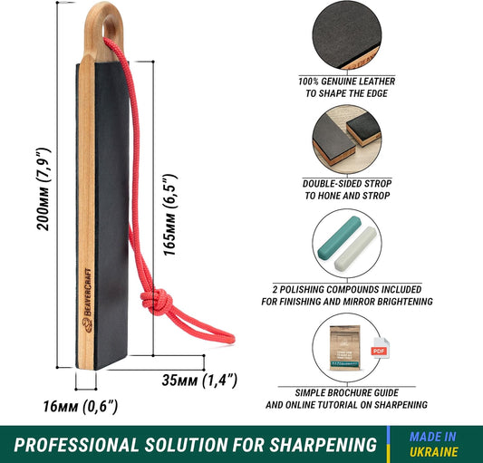 Leather Strop for Knife Sharpening LS9P02 - Stropping Kit with Polishing Compound - Leather Knife Sharpener - Honing Strop Block 2-sided