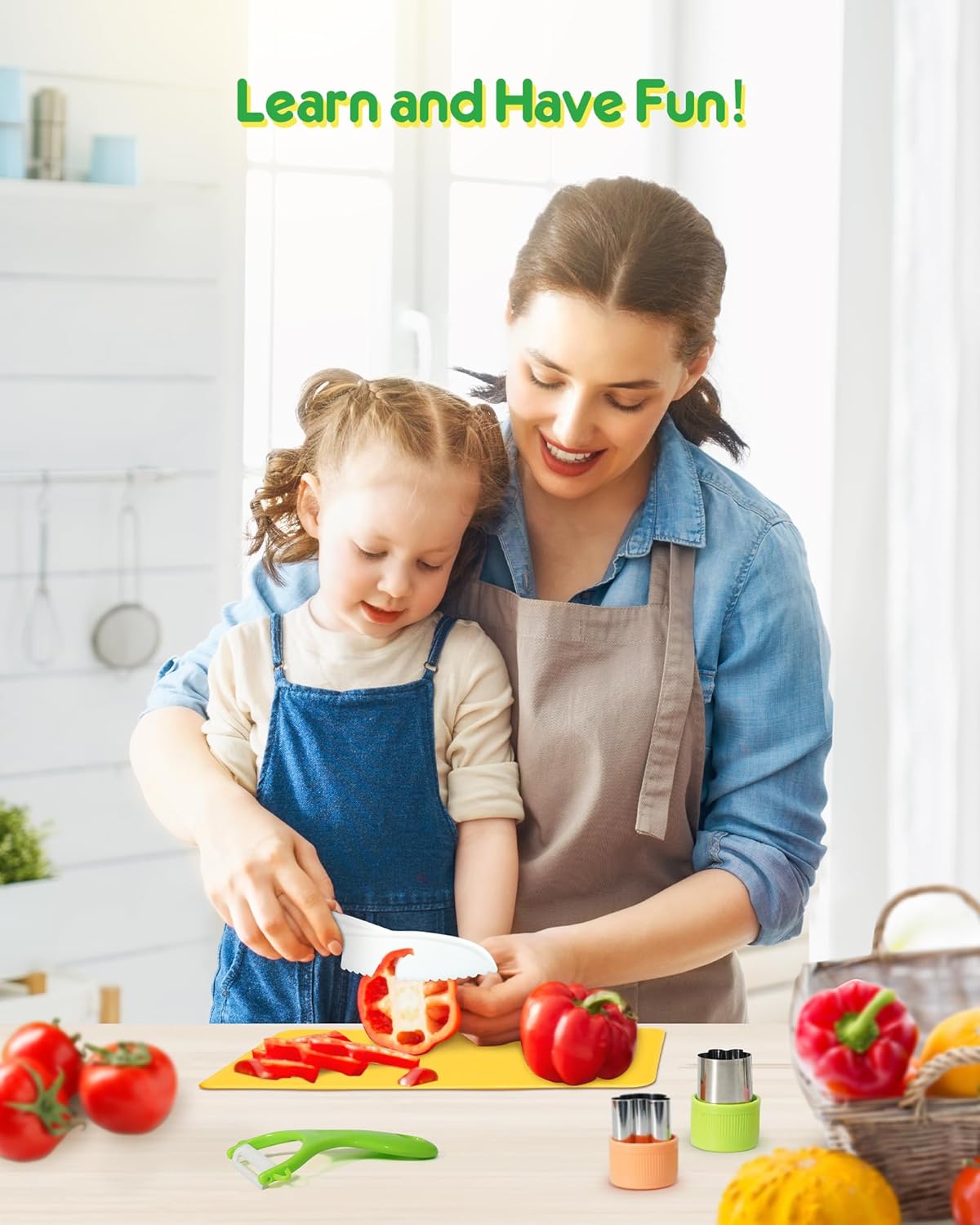 Kids Knife Set, 26 Pcs Montessori Kitchen Tools, BPA | Real cooking set, Includes crinkle cutters, kid safe knives, cutting board, peeler, For kids 4+, Cooking and baking set