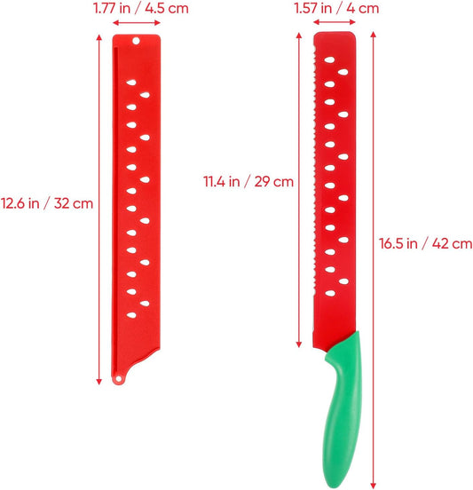 17 Inch Long Watermelon Knife with Protective Sleeve, Serrated Stainless Steel Fruit Slicer, Ergonomic Handle Cutter for Melon, Bread, Cake, Outdoor BBQ & Picnic