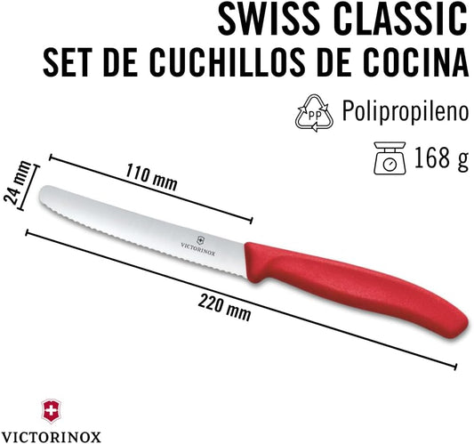 Swiss Classic 6-Piece Utility Knife Set - 4.5 in Serrated Blades | Wavy edge tomato and table knives with ergonomic handles. Colorful 6-pack of stainless steel blades for fruit and bread