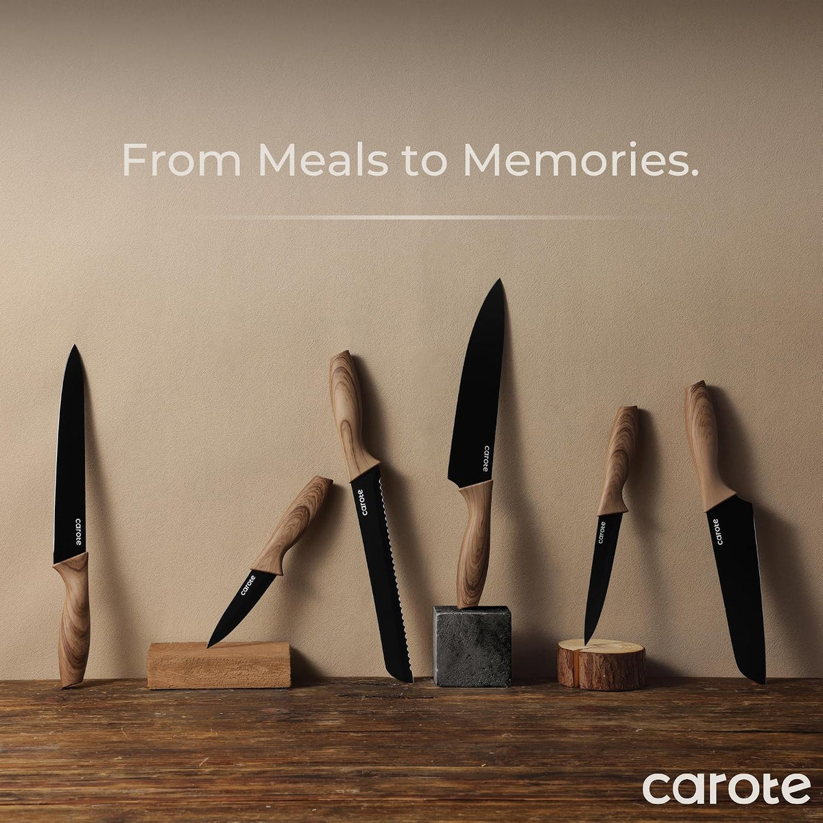 12-Piece Knife Set, Knives with Wood-Grain Finish Handles, Black
