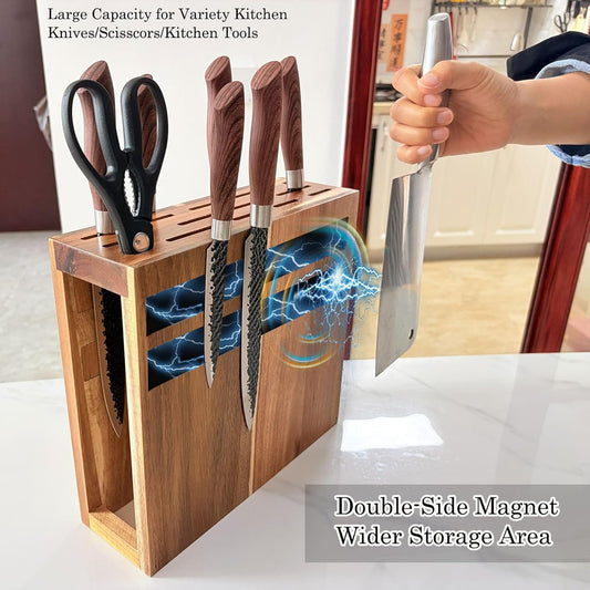 Wood Magnetic Knife Block with 14 Knife Slots for Kitchen Counter | Double Sieded Magnetic Hold at Least 20 Knives & Accessories, Acacia Wood,Large Capacity,Save Space,Easy to Clean & Move