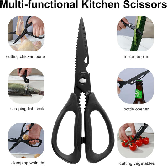 Kitchen Shears Kitchen Scissors Come Apart Kitch Scissor for Food Heavy Duty Chicken Bone Nutcracker Bottle Can Opener Shears with Serrated Blade Premium Black Titanium Plated Stainless Steel 01A