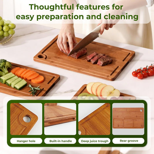 3Pack Bamboo Cutting Board, Wood Cutting Boards Set of 3 for Kitchen with Deep Juice Grooves & Built-in Handles,Vegetables and Fruits Ideal Kitchen Gifts, Ideal Charcuterie & Chopping for Meat