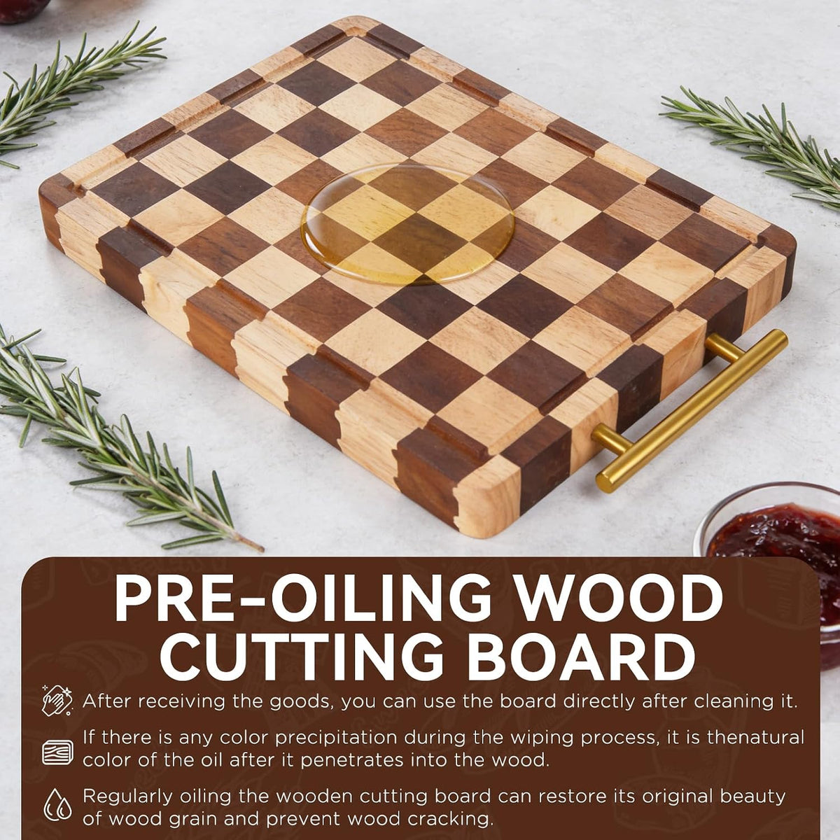 Checkered Cutting Board for Kitchen – 14.9"x 11"x 1.18" Rubber Wood Butcher Block with Juice Groove & Steel Handle, Heavy Duty Non-Slip Chopping Board for Charcuterie, Housewarming Gift