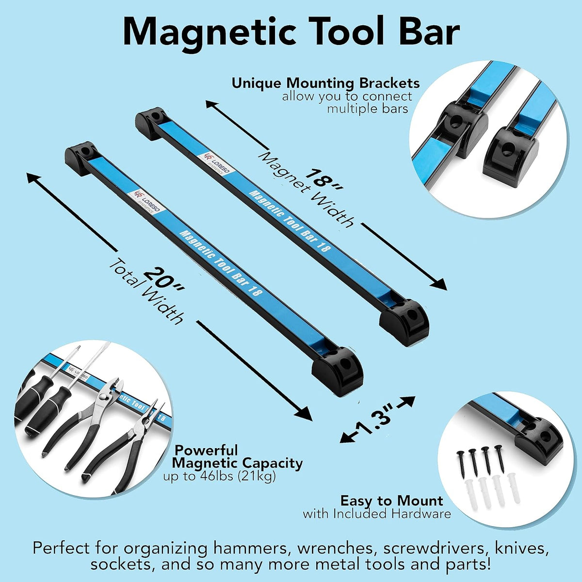 Magnetic Tool Holder 18 Inch, Set of 2 Magnetic Tool Bars, Heavy-Duty Metal Magnet Strip Tool Organizers Rack for Screwdrivers, Pliers, Wrenches, Knives with Wall Mount Brackets and Screws
