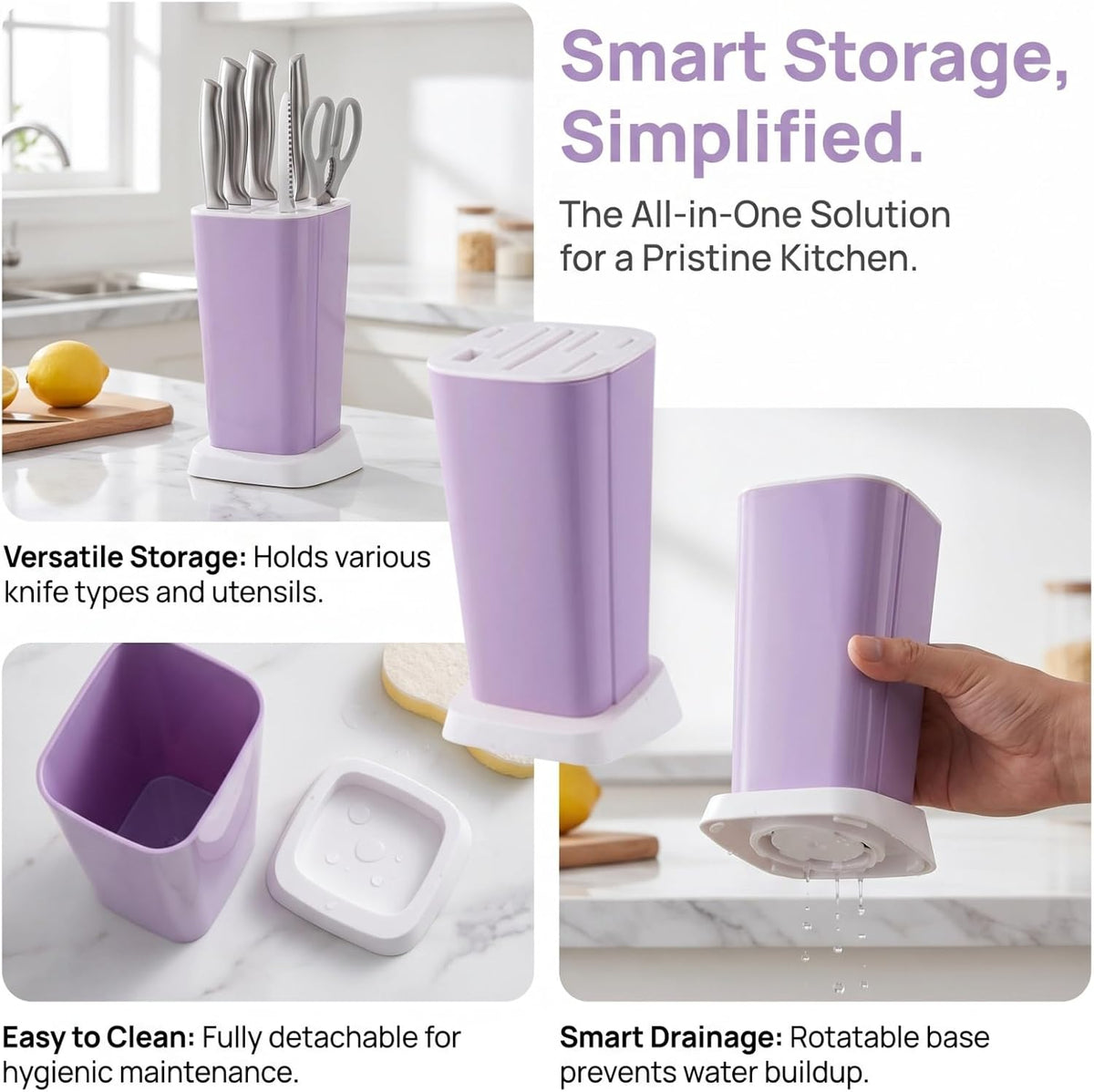 1Pc Knife Block Without Knives Square Knife Holder Kitchen Storage Rack Universal Detachable Rotatable Drainage Organizer 10.23X5.90X4.72In Purple