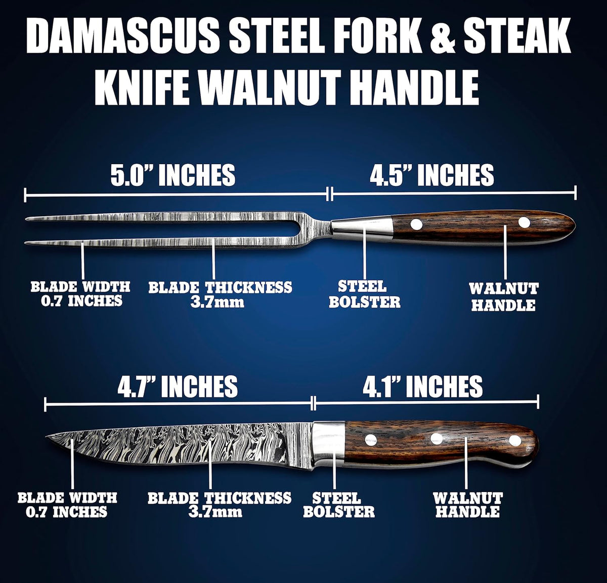 Premium Handcrafted Fork and Steak Knife Set Damascus Steel Carving Set Walnut Handles Elegant Dining Knives Set