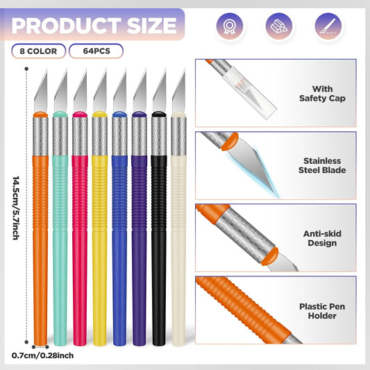 64 Pcs Exacto Knife, Craft Knife Set, Hobby Knives, Steel Exacto Knives Bulk for Art, Scrapbooking, Carving, DIY, Cutting, Stencil, Paper, Wood, Cardboard, Plastic, Clay