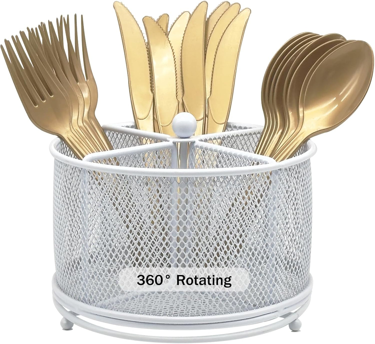 360° Rotating Metal Utensil Caddy - 4 Compartment Silverware Cutlery Holder Rotation Fork Spoon Napkin Organizer Flatware Storage Basket Party Countertop Buffet Picnic Camping Outdoor Black