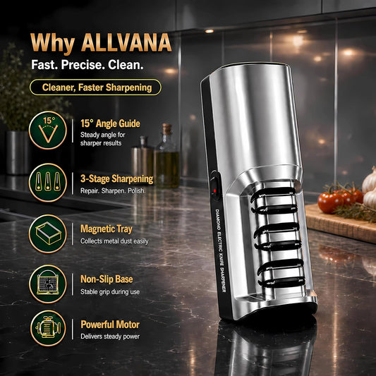 Electric Knife Sharpener for Kitchen, 3-Stage Professional Kitchen Knife Sharpener with 15° Precision Angle Guide, Fast & Portable Stainless Steel Grinding Tool for Sharpening, Repairing & Polishing
