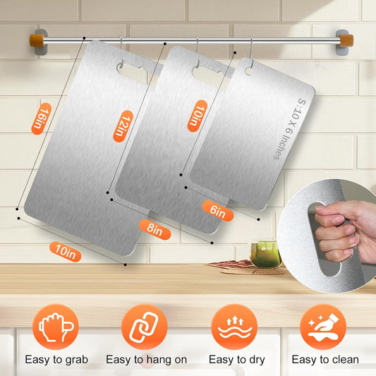 3Pcs Cutting Boards for Kitchen 304 Food Grade Stainless Steel, Large-Small Titanium Cutting Board for Cutting Fruit, Meat, Fish, Vegetables, Easy Grip Handle Easy Cleaning Dishwasher Safe