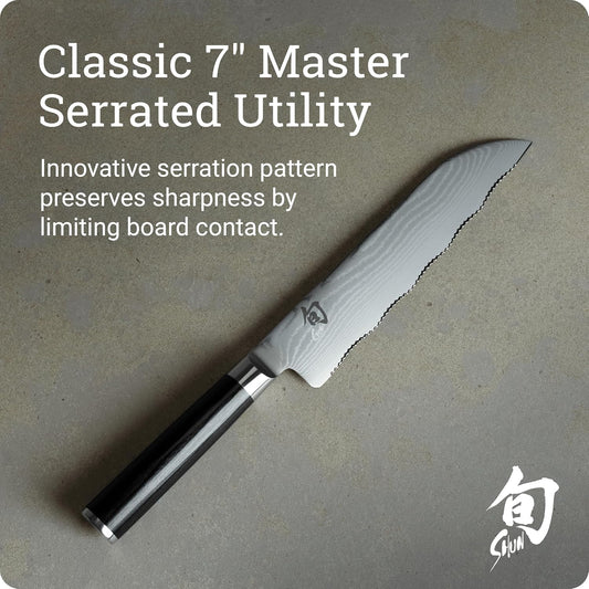 Classic 7" Master Serrated Utility Knife, VG-MAX, Pakkawood | Handcrafted Japanese Knife, Precision and Sharpness, VG-MAX Core, Damascus Stainless Steel Cladding, Pakkawood Handle