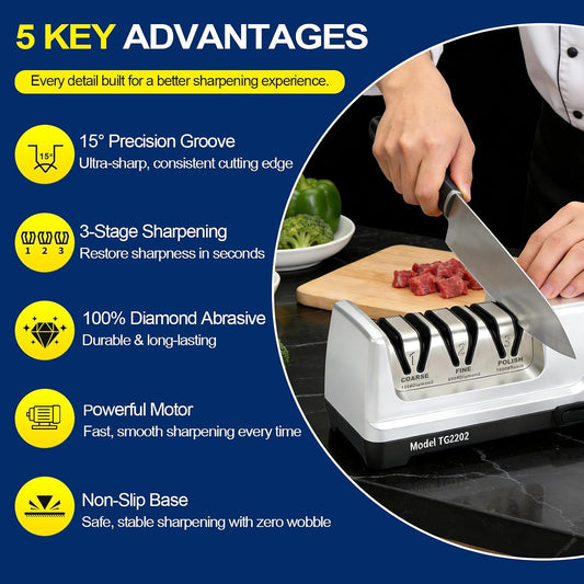 Knife Sharpener Electric, 3-Stage Professional Kitchen Sharpener with 100% Diamond Abrasive, 15° Precision Angle, Magnetic Dust Box, Fast Sharpening & Repair for Chef Knife, Paring Knife