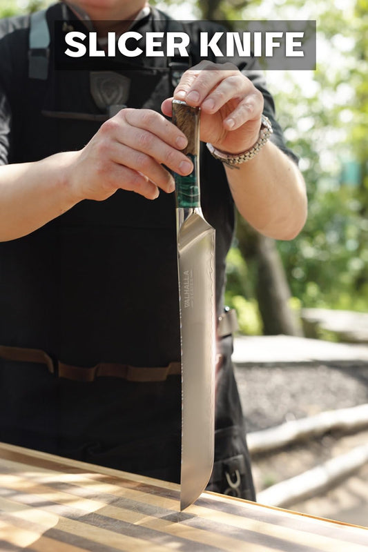 12" Slicing Knife — 9CR18MOV HC Steel, 58+ HRC — For BBQ Brisket, Holiday Roasts, Turkey & Ham — Celestial Resin & Wood Handle, Full Tang, PerfectFit Sheath, Valhalla, customer support