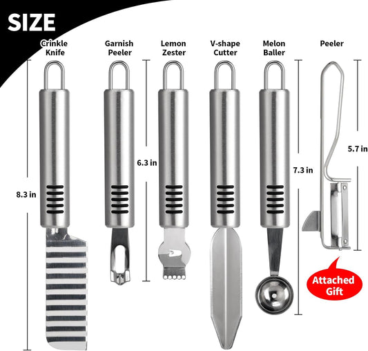 6Pcs Stainless Steel Fruit Carving Knife Set,Fruit&Vegetable Tool | Melon Baller Scoop,Crinkle&V-shape Cutter,Lemon Zester&Peeler,Detail Carving Tool,For Fruits/Veggies,Party Platter Garnishing