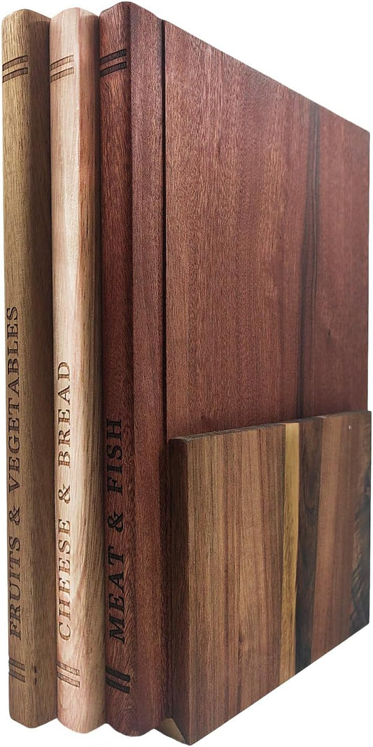 Resafy Book Cutting Board Set of 3,Acacia Wooden Serving Boards for Kitchen | Resafy Book Cutting Boards Set,Wooden Decorative and Functional Cutting Boards,Wooden Stand Library,Piece for Countertop