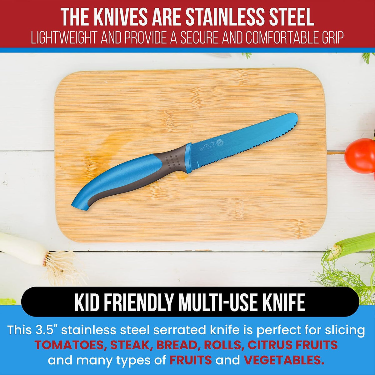 2-Piece Kids Tomato & Steak Knife Set | Safe Stainless Steel Serrated Knives for Real Cooking | Skin-Friendly Blade, Lightweight & Easy Grip – Kitchen Tool for Kids & Beginners (2 pcs)