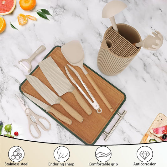 Knife Set, 10 Pieces Professional Kitchen Knife Set with Universal Knife Block, Non-stick Heat Resistan Kitchen Tools and Gadgets with Wooden Handle (Khaki)