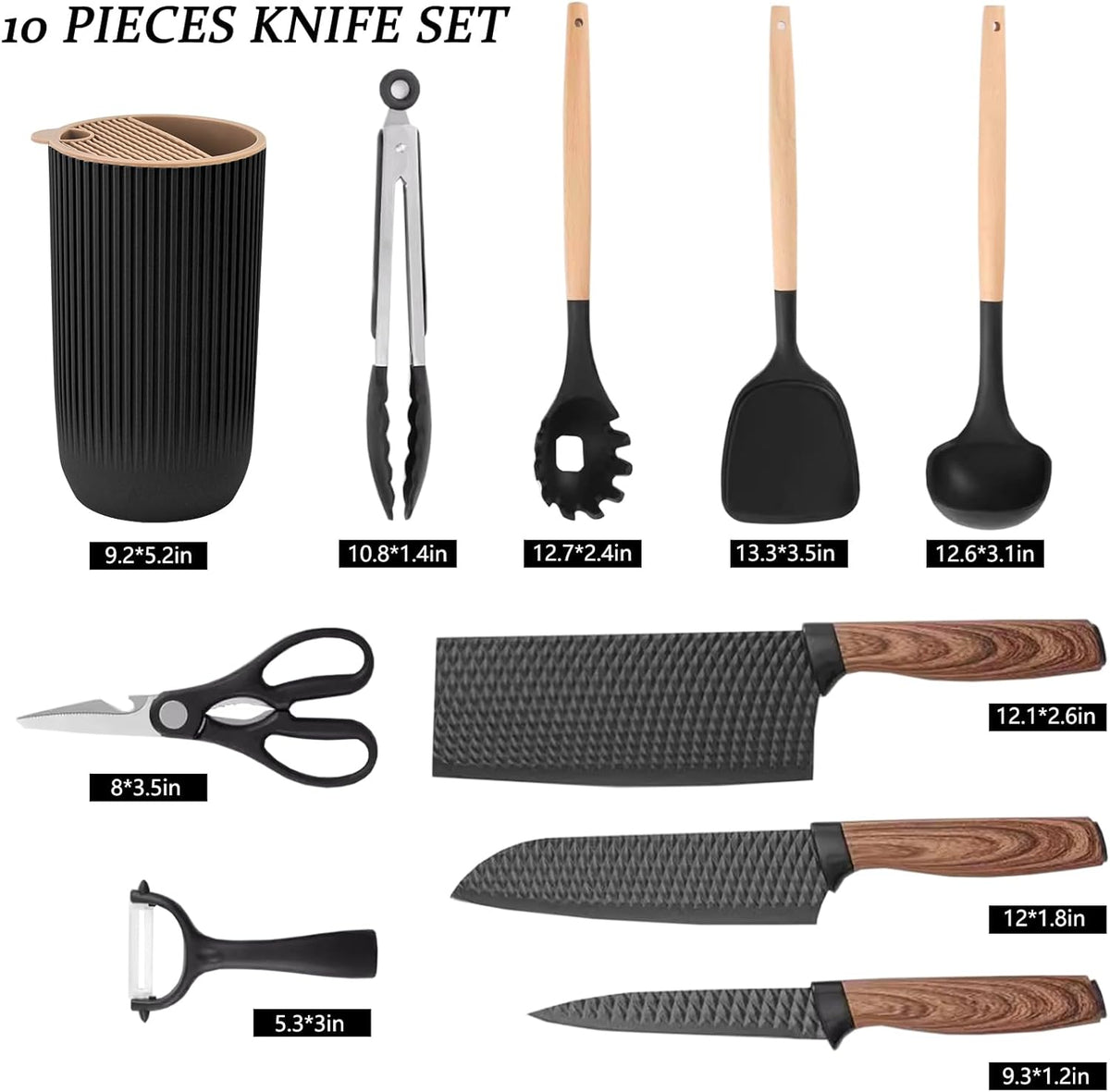 Knife Set, 10 Pieces Professional Kitchen Knife Set with Universal Knife Block, Non-stick Heat Resistan Kitchen Tools and Gadgets with Wooden Handle (Khaki)