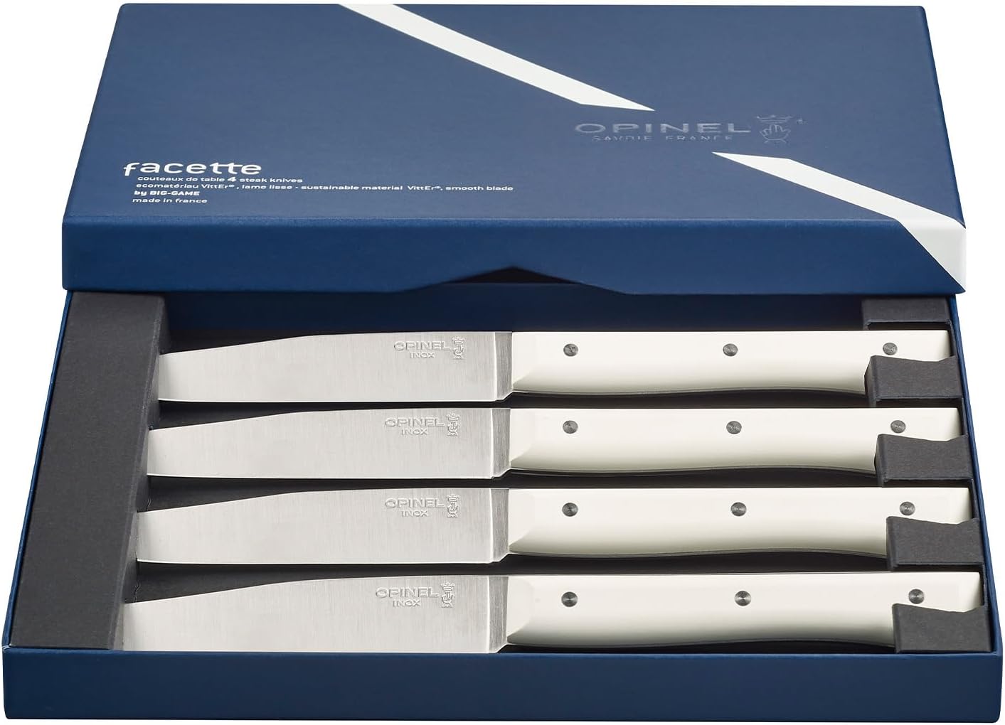 Facette Steak Knife Set – Full Tang Table Knife Setting for 4, Comfortable Riveted Handle in Premium Woods and Vitter Eco, Made in France (Dark Ash Wood)