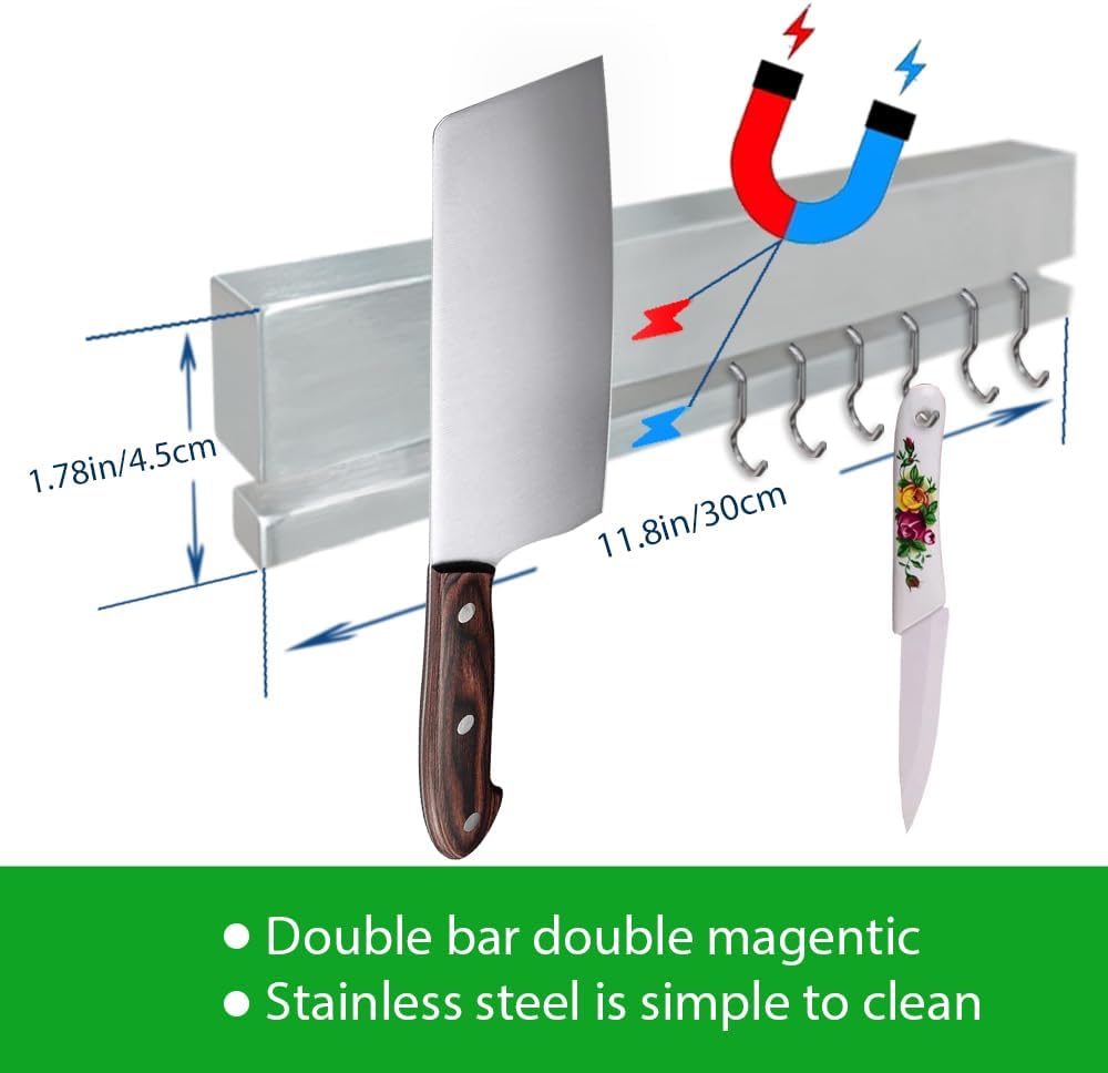 Strong Magnetic Knife Holder for Wall, 17 Inch No-Drill Knife Strip with 12 Hooks & Adhesive, Holds Kitchen Utensils & Tools