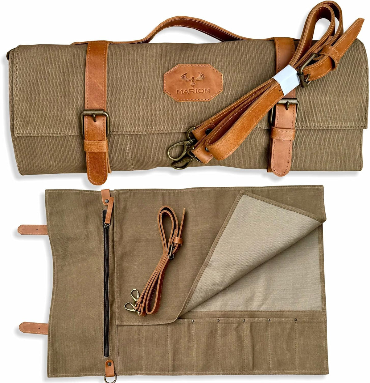 Le Voyageur Sand by Marion - Waxed Canvas with Genuine Calf Top Grain Leather - Handmade Professional Chef Knife Storage Roll Bag - 8 Pockets and Zippered Pocket, Sand