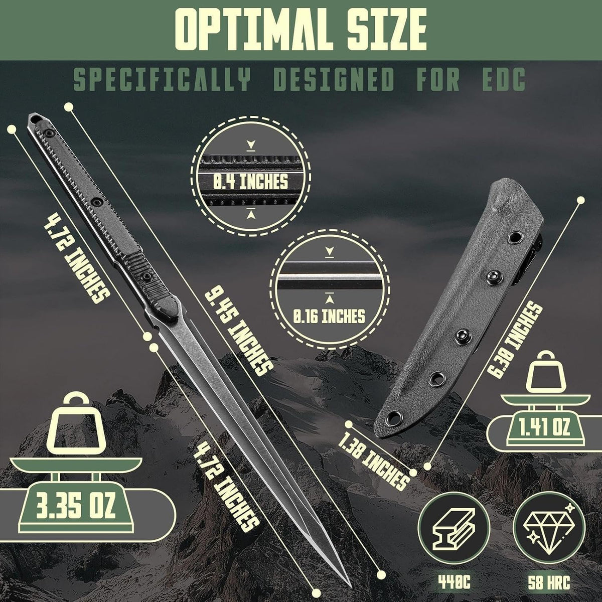 Fixed Blade Knife with Kydex Sheath, D2 Steel Survival Knife | Full Tang EDC Outdoor Camping Knife with G10 Handle, 3.15 inch Compact Bushcraft Hunting Knife for Men, Gray Green