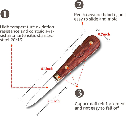 Oyster Shucking Knife Set, 2 Rosewood Knives & Gloves (M) | 2 Stainless Steel Shuckers, Anti-Slip Grip, Level 5 Cut-Resistant Gloves, for Oysters, Clams & Seafood