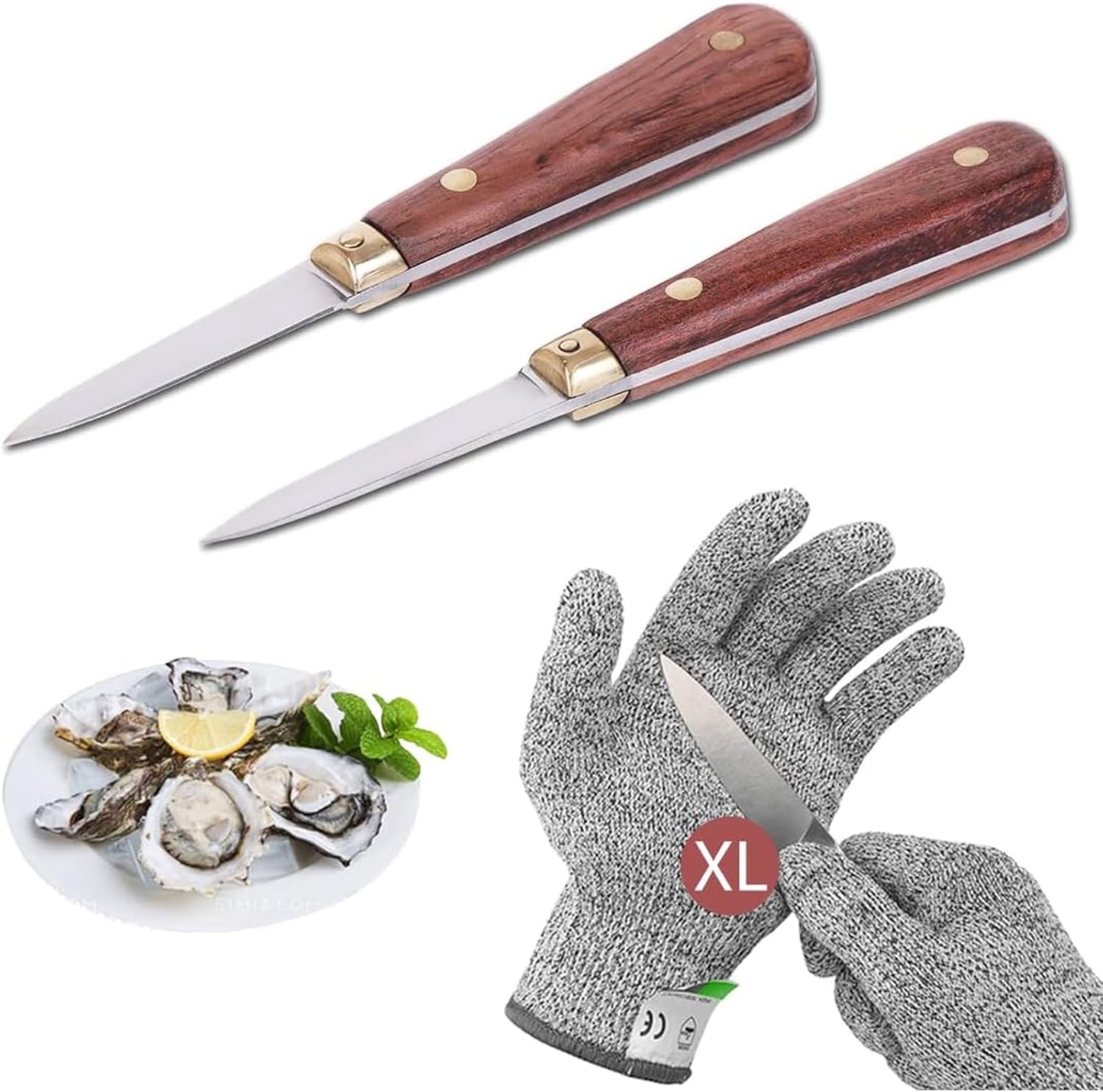 Oyster Shucking Knife Set, 2 Rosewood Knives & Gloves (M) | 2 Stainless Steel Shuckers, Anti-Slip Grip, Level 5 Cut-Resistant Gloves, for Oysters, Clams & Seafood