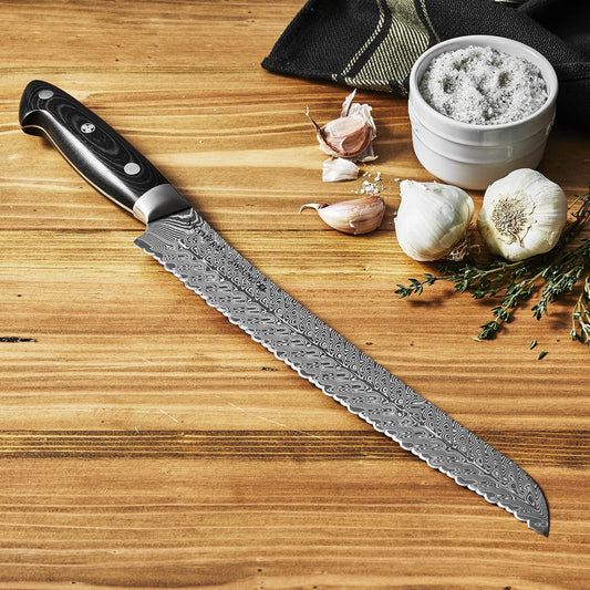KKRAMER EUROLINE Damascus Collection 10-inch Razor-Sharp German Bread Knife, Made in Company-Owned German Factory with Special Formula Steel perfected for almost 300 Years, Dishwasher Safe