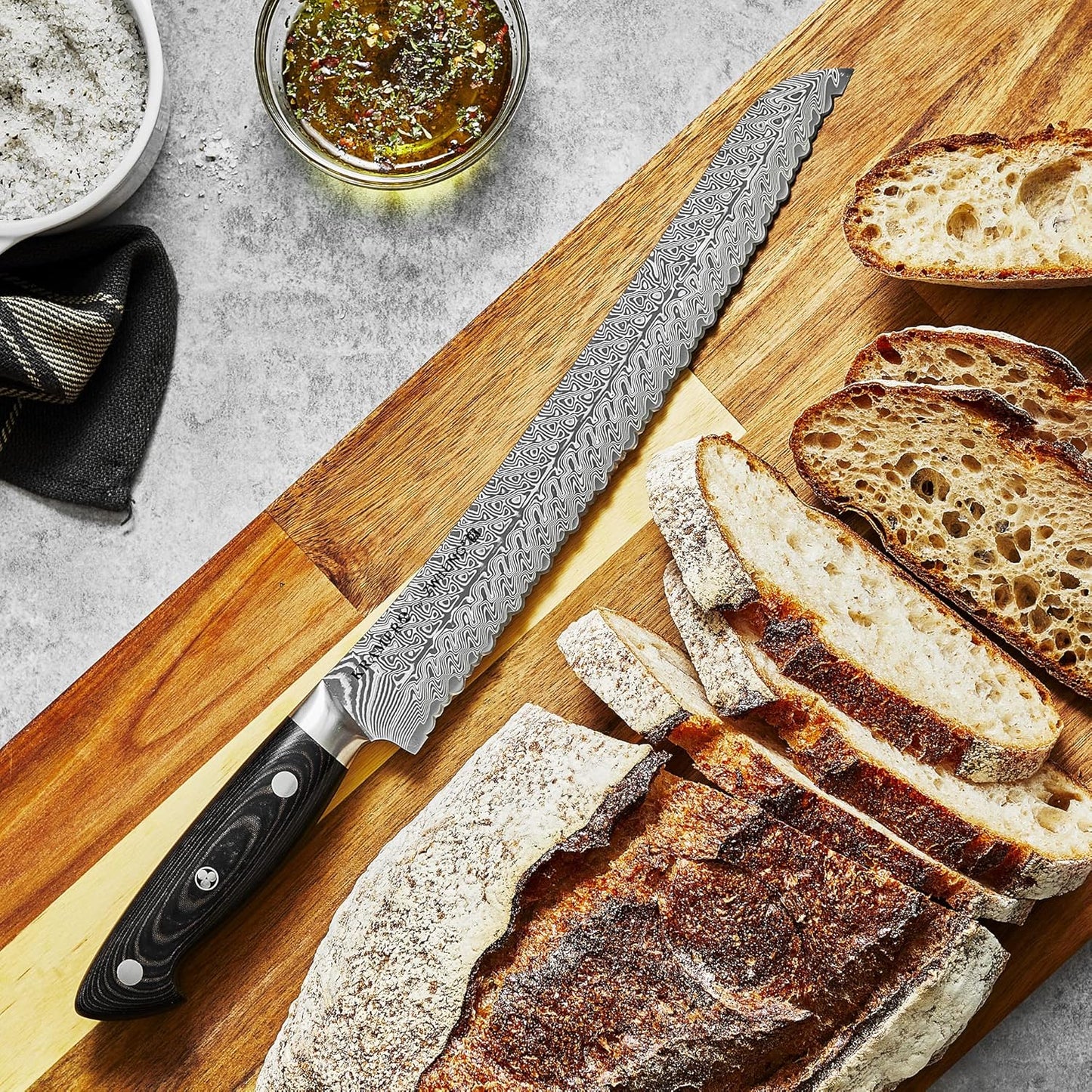 KKRAMER EUROLINE Damascus Collection 10-inch Razor-Sharp German Bread Knife, Made in Company-Owned German Factory with Special Formula Steel perfected for almost 300 Years, Dishwasher Safe