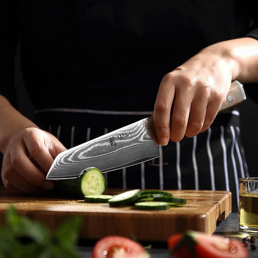 Hickory Kiritsuke Chef Knife, 6-Inch VG10 Damascus, Walnut Handle | Compact full-tang Damascus kitchen knife for controlled pull cuts, precise tip work, and trimming meat, fish, and vegetables