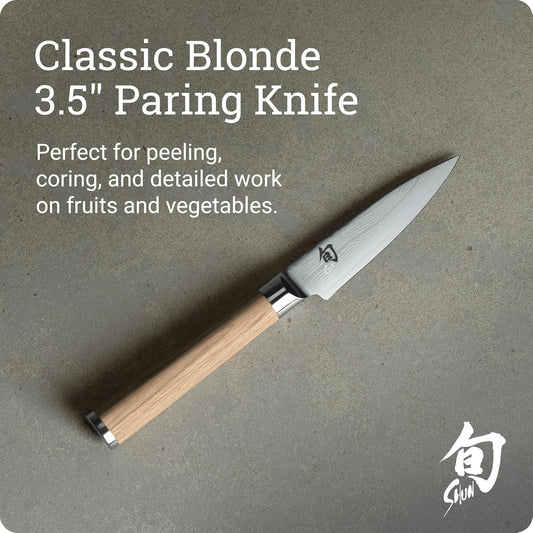 Classic Blonde 3.5" Paring Knife | Handcrafted Japanese Vegetable & Fruit Knife, VG-MAX Core, Damascus Stainless Steel Cladding, Pakkawood Handle