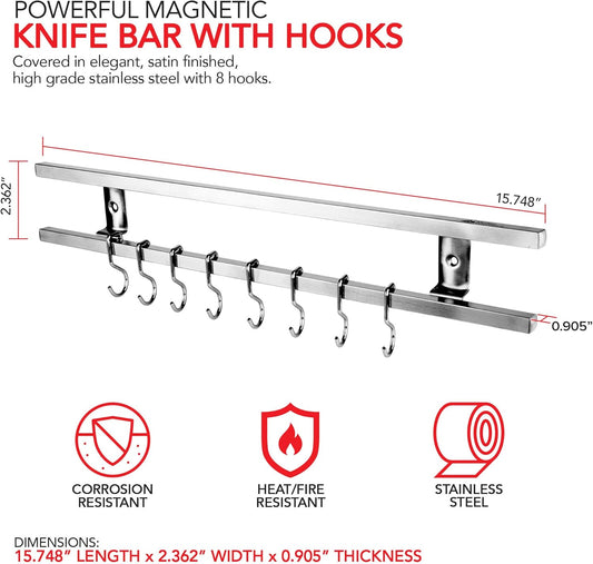 (16 Inch Stainless Steel Metal Magnetic Knife Holder, Wall Mount Double Bar with 8 Hooks - Multipurpose Knife Magnetic Strip, Utensil Hanger, and Kitchen Storage Rack Magnet