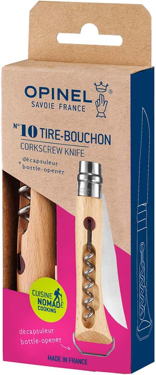 No. 10 Stainless Steel Corkscrew Wine and Cheese Folding Knife, Integrated Corkscrew + Bottle Opener, Beechwood Handle - Picnic Pocket Knife Made in France (Updated Version)