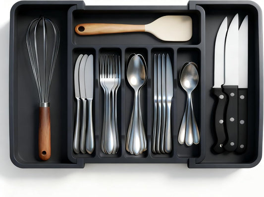 Expandable Large Silverware Tray For Drawer Organizer, Kitchen Cooking Utensil Drawer Organizer For Spoons Forks Knives, Adjustable Cutlery Flatware Holder 13"-22.4" X 14.7" X 2" (Black)