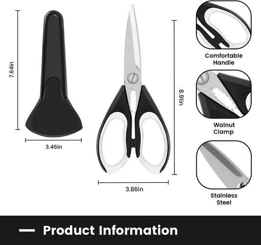 2 Pack Sharp Kitchen Scissors Set with Magnetic Holder, Heavy Duty Kitchen Shears Meat Scissors, Multifunctional Stainless Steel Cooking Poultry Scissors for Household School Picnic(White)
