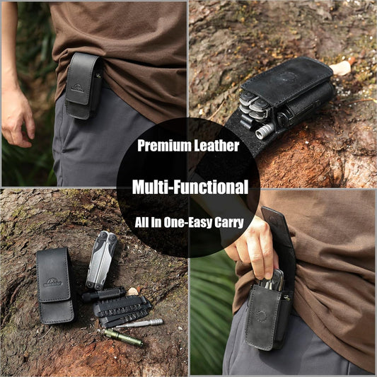 Multitool Sheath with Belt Clip - EDC Belt Organizer Multi Tool Case - Leather Multitool Holster for Belt - Magnetic Closure Leather Multitool Pouch Fits Folding Tool, Black