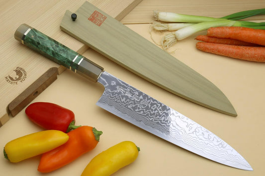 Yoshihiro HAP40 High Speed Stainless Steel Suminagashi Gyuto Chefs Knife Triple Ring Stabilized Maple Burl Handle (8.25"(210mm) & Saya)
