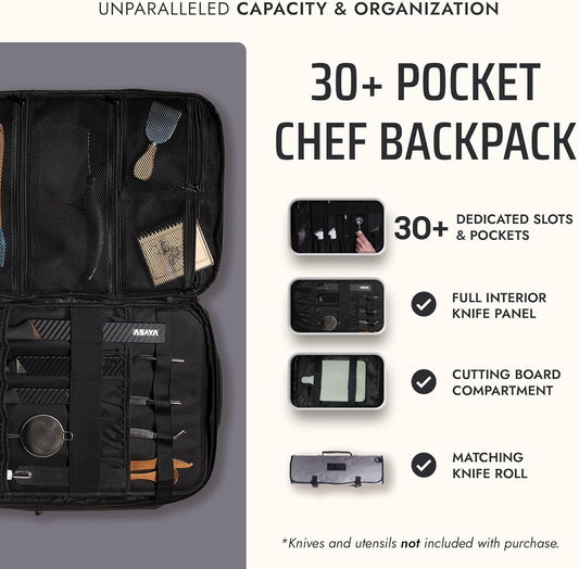 Asaya Chef Knife Backpack with 20-Pocket Knife Roll Bag - Over 30 Storage Pockets Chef Bag, Professional Backpack for Chefs and Culinary Students – Knives Not Included (Grey)