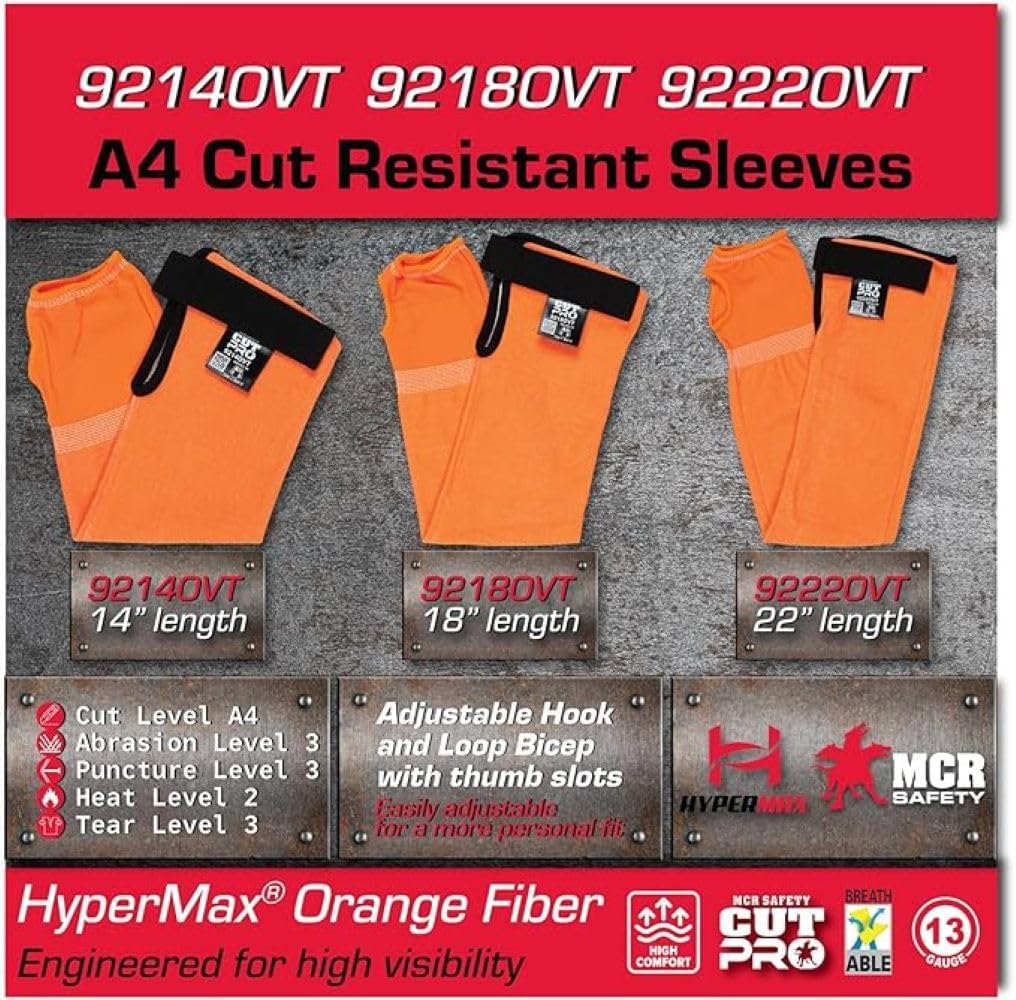 CutPro Hi-Visibility Cut Resistant Orange Sleeves, 13-Gauge HyperMax with Adjustable Hook and Loop Bicep