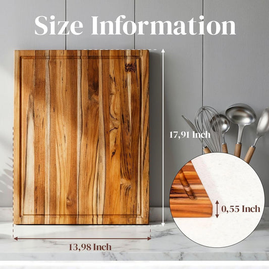 Teak Wood Cutting Board 18" x 14" x 0.6", 2-Piece Set for Kitchen Meat & Food Prep - Large Thin Edge Grain, Deep Juice Groove, Lightweight Solid Hardwood, Non-Toxic, BPA Free by New M Way