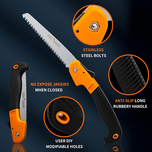 7.7-Inch Folding Hand Saw, Pruning Saw with Trible-Cut Razor Teeth for Wood Cutting, Tree Trimming, Professional Camping Gardening Tools (Orange)