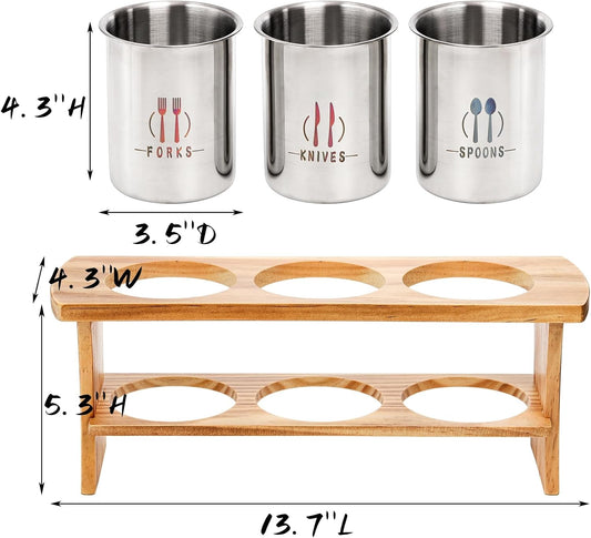 Silverware Holder for Countertop, Stainless Steel Cutlery Utensil Organizer with Bamboo Stand, Flatware Holder for Spoon, Fork, and Knife