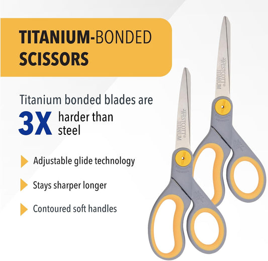 8” Titanium Bonded Scissors with Adjustable Glide and Soft Handle, 2-Pack- Durable Multipurpose Scissors for Office, Home, and School Use, Sharp Precision Blades for Everyday Cutting