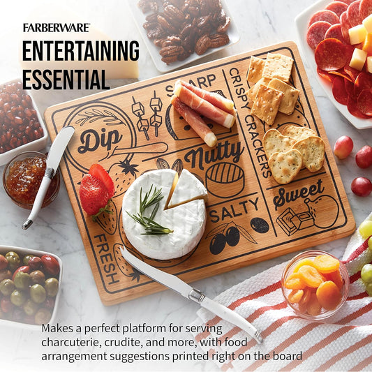 Bamboo Cutting Board 11x14 Inch with Charcuterie Pattern - Reversible Kitchen Cutting Board for Chopping, Slicing, Cheese and Meat Serving Board with Recessed Handles