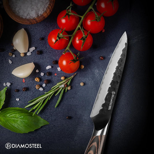 Utility Knife - 5-Inch Professional Kitchen Utility Knife - Hammered Black Oxide Blade Japanese 9CR18MOV High Carbon Stainless Steel - Ergonomic Pakkawood Handle with Present Box