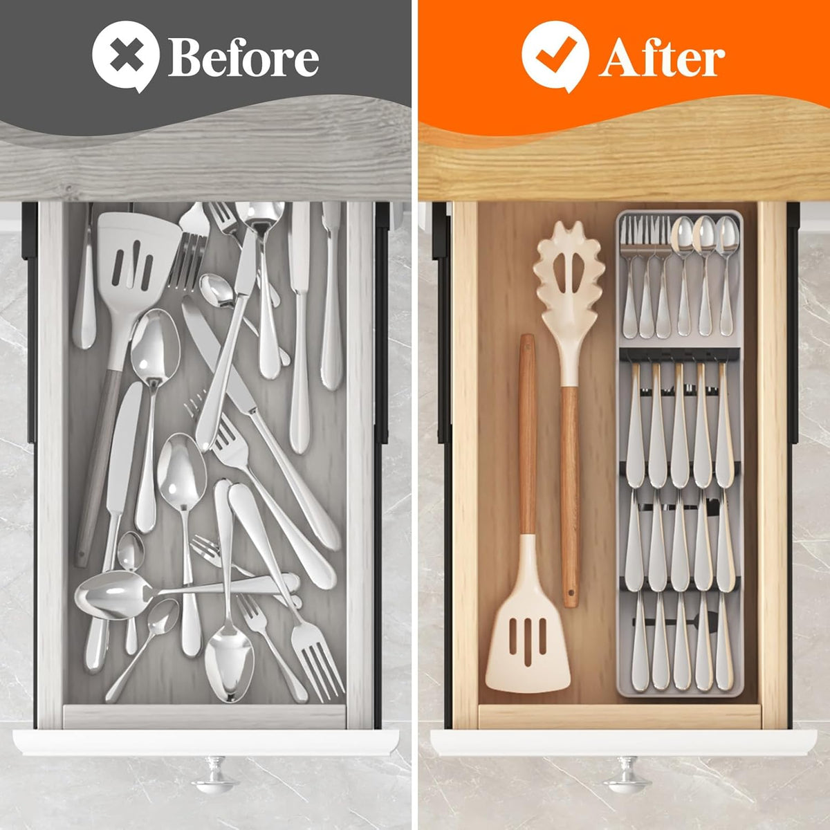 Compact Flatware Drawer Organizer, Narrow Silverware Tray for Kitchen Drawers, Plastic Cutlery Holder for Spoons, Forks and Knives, Utensils Storage Organization, 2 Pack, Gray
